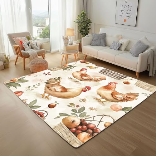 Dyjuaa Rustikale Bauernhaus Teppich 140x200 cm, Huhn Henne Tier Teppiche Waschbar rutschfest Kurzflor, Carpet Weich für Schlafzimmer, Wohnzimmer, Esszimmer, Kinderzimmer von Dyjuaa
