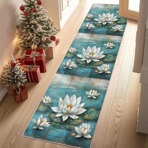 Dyjuaa Seerose Lotusblatt Teppich Läufer Flur 60x180 cm rutschfest Teich Blumen Ölgemälde Waschbar Weich Kurzflor Küchenläufer Carpet Schlafzimmer Bettvorleger Teppiche für Flur Waschküche von Dyjuaa