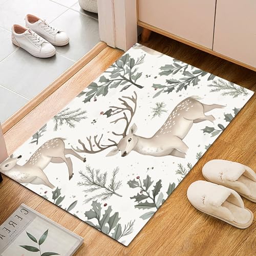 Dyjuaa Sikahirsch Tierdruck Fußmatte Schmutzfangmatte 60x90cm, Kiefernnadeln Weihnachten Teppich Antirutsch Waschbar, Teppich Kurzflor für Hund, Eingang, Haustür, Balkon, Küche, Flur von Dyjuaa