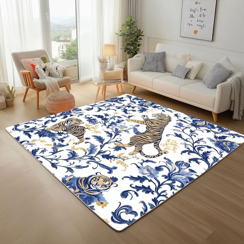 Dyjuaa Tiger Blumenmuster Waschbarer Teppich 200x200 cm, Orientalisch Blau Weißer Teppiche Wohnzimmer Anti Rutsch Große Teppiche Schlafzimmer Weich Kurzflor Carpet Matte Kinderteppich Dyjuaa Tiger Blumenmuster Waschbarer Teppich 200x200 cm, Orientalisch Blau Weißer Teppiche Wohnzimmer Anti Rutsch Große Teppiche Schlafzimmer Weich Kurzflor Carpet Matte Kinderteppich von Dyjuaa
