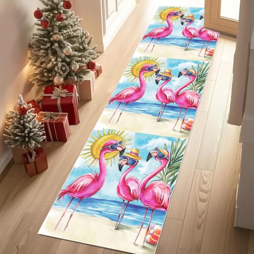 Dyjuaa Tropical Tier Flamingo Teppich Läufer Flur 80x250 cm Hawaiian Ozean Strand Weich Küchenteppich rutschfest Waschbar, Lang Flur Teppiche für Entryway Waschküche Schlafzimmer Wohnzimmer von Dyjuaa