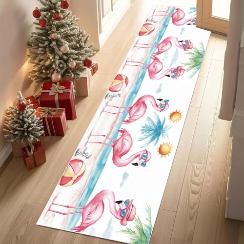 Dyjuaa Tropische Flamingo Teppich Läufer Flur 60x210 cm rutschfest Hawaiian Tropical Ozean Strand Waschbar Weich Kurzflor Küchenläufer Carpet Schlafzimmer Bettvorleger Teppiche für Flur Waschküche von Dyjuaa