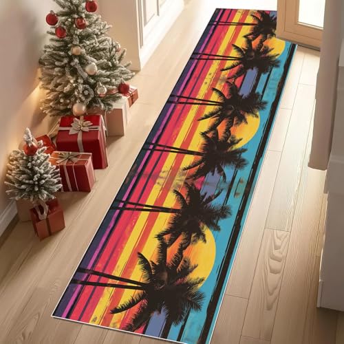 Dyjuaa Tropische Meer Strand Sonnenuntergang Waschbar Läufer Teppich Flur Palmen Silhouette Küchen Teppichläufer 60x120 cm Kurzflor rutschfest Carpet für Fußmatte Schlafzimmer Bettvorleger Waschküche von Dyjuaa