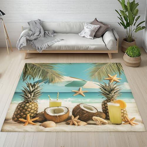 Dyjuaa Tropische Obst Ananas Kokosnuss Teppich 160x230 cm, Hawaiian Strand Carpet Waschbar rutschfest Kurzflor, Teppiche Weich für Schlafzimmer, Wohnzimmer, Esszimmer, Kinderzimmer Dyjuaa Tropische Obst Ananas Kokosnuss Teppich 160x230 cm, Hawaiian Strand Carpet Waschbar rutschfest Kurzflor, Teppiche Weich für Schlafzimmer, Wohnzimmer, Esszimmer, Kinderzimmer von Dyjuaa