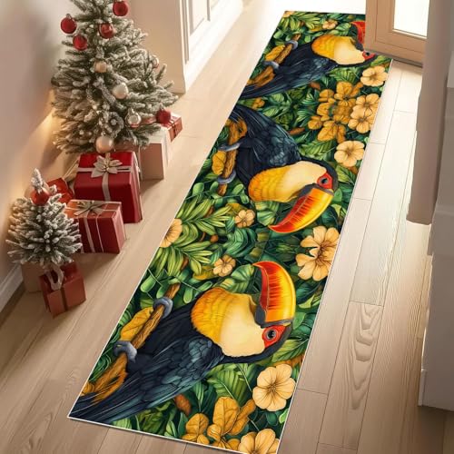 Dyjuaa Tropische Tiere Tukan Teppich Läufer Flur 60x210 cm rutschfest Dschungel Botanisch Blumen Waschbar Weich Kurzflor Küchenläufer Carpet Schlafzimmer Bettvorleger Teppiche für Flur Waschküche von Dyjuaa