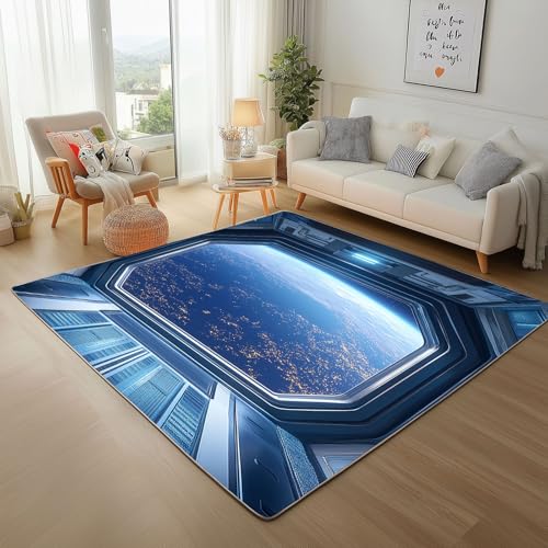 Dyjuaa Universum Raumkapsel Teppich Schlafzimmer 120x180 cm, Erde Planet Waschbarer Teppiche Kinderzimmer Kurzflor Antirutschmatte Carpet Weich für Wohnzimmer Jugendzimmer von Dyjuaa