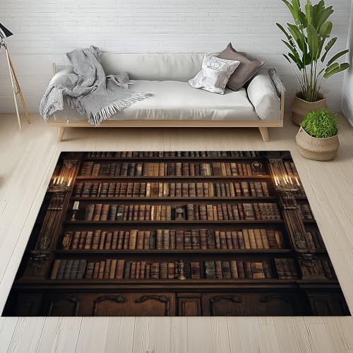 Dyjuaa Vintage Bibliothek Waschbarer Teppich 200x280 cm, Bücherregal Bücher Carpet Wohnzimmer Anti Rutsch Große Teppiche Schlafzimmer Weich Kurzflor Teppiche Matte Kinderteppich von Dyjuaa