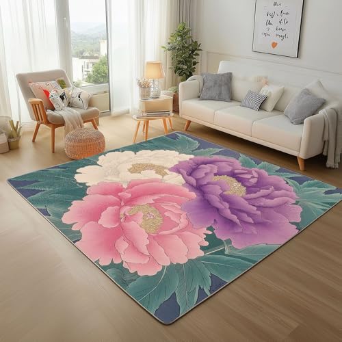 Dyjuaa Vintage Blumen Teppich 160x230 cm, Chinesischer Pfingstrose Carpet Waschbar rutschfest Kurzflor, Teppiche Weich für Schlafzimmer, Wohnzimmer, Esszimmer, Kinderzimmer von Dyjuaa