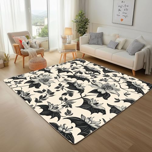 Dyjuaa Vintage Blumenmuster Teppich 160x230 cm, Darkness Blumen Carpet Waschbar rutschfest Kurzflor, Teppiche Weich für Schlafzimmer, Wohnzimmer, Esszimmer, Kinderzimmer von Dyjuaa