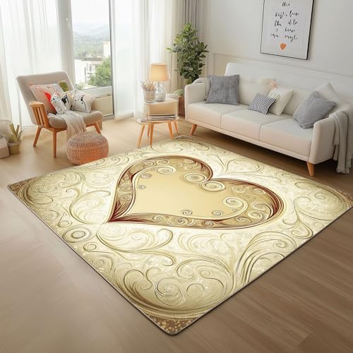 Dyjuaa Vintage Elegant Rebe Teppich 140x200 cm, Gold Herzmuster Teppiche Waschbar rutschfest Kurzflor, Carpet Weich für Schlafzimmer, Wohnzimmer, Esszimmer, Kinderzimmer von Dyjuaa