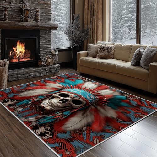 Dyjuaa Vintage Indianer Tribal Waschbarer Teppich 200x200 cm, Schädel Feder Teppiche Wohnzimmer Anti Rutsch Große Teppiche Schlafzimmer Weich Kurzflor Carpet Matte Kinderteppich Dyjuaa Vintage Indianer Tribal Waschbarer Teppich 200x200 cm, Schädel Feder Teppiche Wohnzimmer Anti Rutsch Große Teppiche Schlafzimmer Weich Kurzflor Carpet Matte Kinderteppich von Dyjuaa