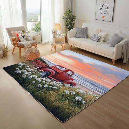 Dyjuaa Vintage Lastwagen Blumen Teppich 160x230 cm, Meer Sonnenaufgang Carpet Waschbar rutschfest Kurzflor, Teppiche Weich für Schlafzimmer, Wohnzimmer, Esszimmer, Kinderzimmer von Dyjuaa