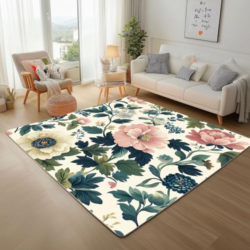 Dyjuaa Vintage Pastoral Blumen Waschbarer Teppich 200x200 cm, Natur Botanisch Teppiche Wohnzimmer Anti Rutsch Große Teppiche Schlafzimmer Weich Kurzflor Carpet Matte Kinderteppich von Dyjuaa