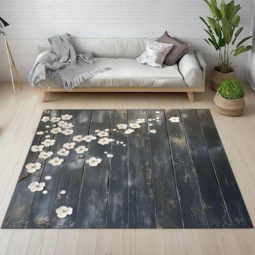 Dyjuaa Vintage Rustikal Holz Textur Waschbarer Teppich 200x280 cm, Weiß Blumenmuster Carpet Wohnzimmer Anti Rutsch Große Teppiche Schlafzimmer Weich Kurzflor Teppiche Matte Kinderteppich Dyjuaa Vintage Rustikal Holz Textur Waschbarer Teppich 200x280 cm, Weiß Blumenmuster Carpet Wohnzimmer Anti Rutsch Große Teppiche Schlafzimmer Weich Kurzflor Teppiche Matte Kinderteppich von Dyjuaa