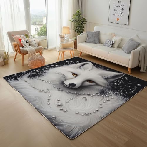 Dyjuaa Weiß Fuchs Teppich Kurzflor 120x160 cm, Fantasy Tier Bettvorleger Weich rutschfest Waschbar, Carpet für Wohnzimmer, Schlafzimmer, Esszimmer, Kinderzimmer von Dyjuaa