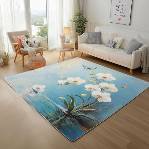 Dyjuaa Weiß Orchidee Blumen Waschbarer Teppich 200x200 cm, Natur Aquarell Blumenmuster Teppiche Wohnzimmer Anti Rutsch Große Teppiche Schlafzimmer Weich Kurzflor Carpet Matte Kinderteppich von Dyjuaa