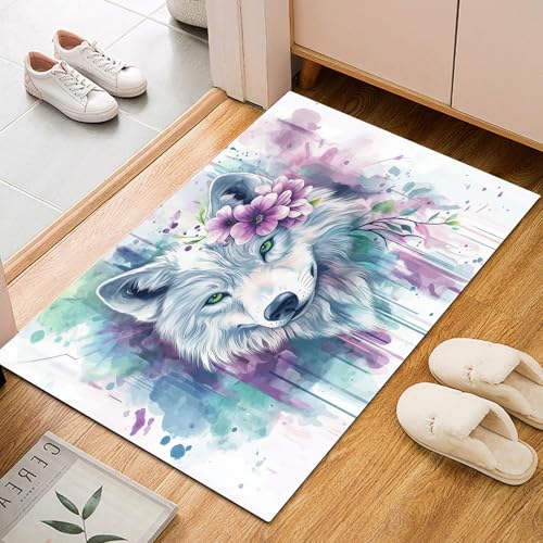 Dyjuaa Weiß Wolf Blumen Fußmatte Schmutzfangmatte 60x90cm, Fantasy Aquarell Tierdruck Teppich Antirutsch Waschbar, Teppich Kurzflor für Hund, Eingang, Haustür, Balkon, Küche, Flur Dyjuaa Weiß Wolf Blumen Fußmatte Schmutzfangmatte 60x90cm, Fantasy Aquarell Tierdruck Teppich Antirutsch Waschbar, Teppich Kurzflor für Hund, Eingang, Haustür, Balkon, Küche, Flur von Dyjuaa
