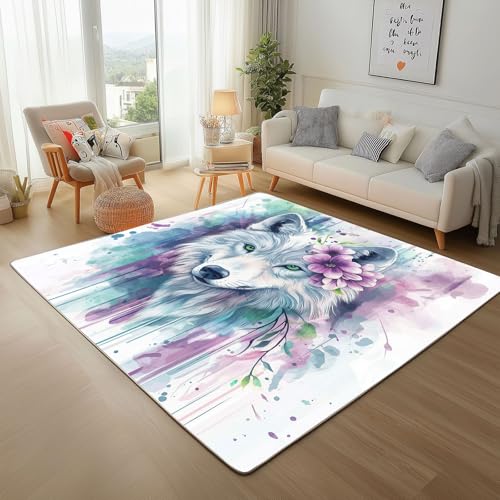 Dyjuaa Weiß Wolf Blumen Teppich Schlafzimmer 120x180 cm, Fantasy Aquarell Tierdruck Waschbarer Teppiche Kinderzimmer Kurzflor Antirutschmatte Carpet Weich für Wohnzimmer Jugendzimmer Dyjuaa Weiß Wolf Blumen Teppich Schlafzimmer 120x180 cm, Fantasy Aquarell Tierdruck Waschbarer Teppiche Kinderzimmer Kurzflor Antirutschmatte Carpet Weich für Wohnzimmer Jugendzimmer von Dyjuaa