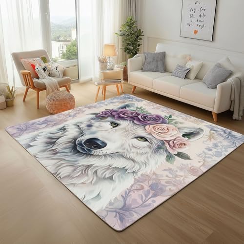 Dyjuaa Weiß Wolf Tierwelt Waschbarer Teppich 200x280 cm, Rose Blumen Carpet Wohnzimmer Anti Rutsch Große Teppiche Schlafzimmer Weich Kurzflor Teppiche Matte Kinderteppich Dyjuaa Weiß Wolf Tierwelt Waschbarer Teppich 200x280 cm, Rose Blumen Carpet Wohnzimmer Anti Rutsch Große Teppiche Schlafzimmer Weich Kurzflor Teppiche Matte Kinderteppich von Dyjuaa