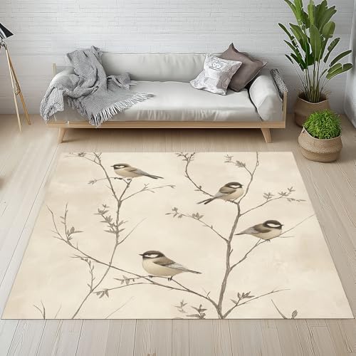 Dyjuaa Zweige Blätter Vogel Waschbarer Teppich 200x280 cm, Natur Minimalistisch Carpet Wohnzimmer Anti Rutsch Große Teppiche Schlafzimmer Weich Kurzflor Teppiche Matte Kinderteppich von Dyjuaa
