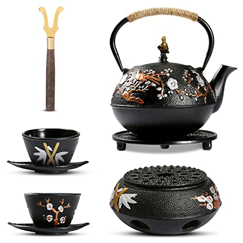 Dyna-Living Gusseisen-Teekanne mit Stövchen, 720 ml, japanische Teekanne mit Teesieb, Gusseisen, Teekannen-Set mit 2 Teetassen, japanischer Stil, Teekanne für Herd, Teekessel für den Heimgebrauch von Dyna-Living