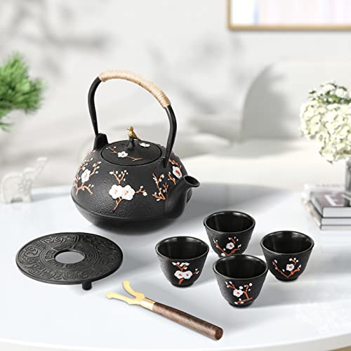 Dyna-Living Teekanne Gusseisen Set, Japanische 1,2 Liter Gusseiserne Teekanne 4 Teebecher, Basis, Edelstahl Sieb, Holzgriff Clip, Handbemaltes Elsternmotiv, Schwarz von Dyna-living