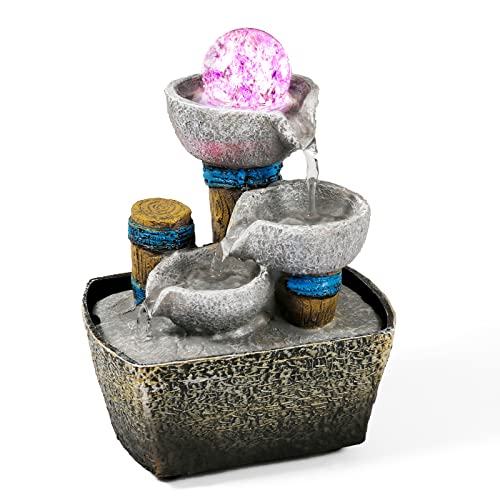 Dyna-Living Zimmerbrunnen Tischbrunnen mit Rollender Kugel, Mini Brunnen Polyresin Springbrunnen LED-Beleuchtung Mehrfarbig, Tischplatte Wasserbrunnen Klein Wasserfall Brunnen, 14 x 10 x 19cm von Dyna-Living