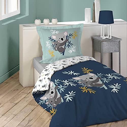 Dynamic24 2tlg. Kinder Bettwäsche 140x200cm Koala Bettdecke Bettgarnitur Decke blau hellblau bunt Jungen Mädchen Bettbezug Kissenbezug Bettwäscheset mit Druckknöpfen Deckenbezug von Dynamic24