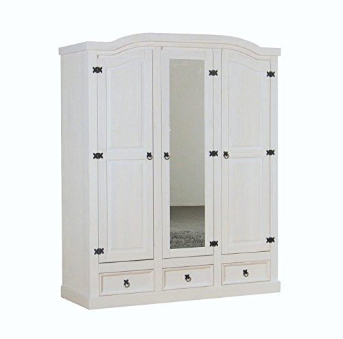 Dynamic24 3-türiger Kiefer Kleiderschrank New Mexico mit Spiegel Weiss von Dynamic24