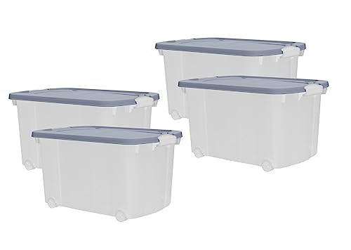 4x Aufbewahrungsbox 45L mit Deckel farbig Rollen Clipverschluss B60xT40xH32 Kunststoff Box Stapelbox Spielzeugkiste Lager transparent stapelbar Stapelboxen für Kleidung Spielzeug Deko Aufbewahrung Set von Dynamic24