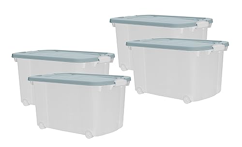 4x Aufbewahrungsbox 45L mit Deckel farbig Rollen Clipverschluss B60xT40xH32 Kunststoff Box Stapelbox Spielzeugkiste Lager transparent stapelbar Stapelboxen für Kleidung Spielzeug Deko Aufbewahrung Set von Dynamic24