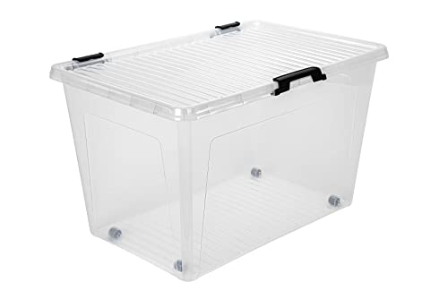 Aufbewahrungsbox 52L mit Deckel, Rollen und Clipverschluss 60x40xH35cm Kunststoffbox Stapelbox Spielzeugkiste Lager Regal Box transparent stapelbar Stapelboxen für Kleidung Spielzeug Deko Aufbewahrung von Dynamic24