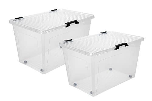 Aufbewahrungsbox 52L mit Deckel, Rollen und Clipverschluss 60x40xH35cm Kunststoffbox Stapelbox Spielzeugkiste Lager Regal Box transparent stapelbar Stapelboxen für Kleidung Spielzeug Deko Aufbewahrung von Dynamic24