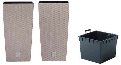 Dynamic24 2er Set 50cm Pflanzschale Rattan Optik mit herausnehmbaren Kunststoffeinsatz Innen Außen Blumentopf Übertopf Kübel Blumenkübel (Mocca) von Dynamic24