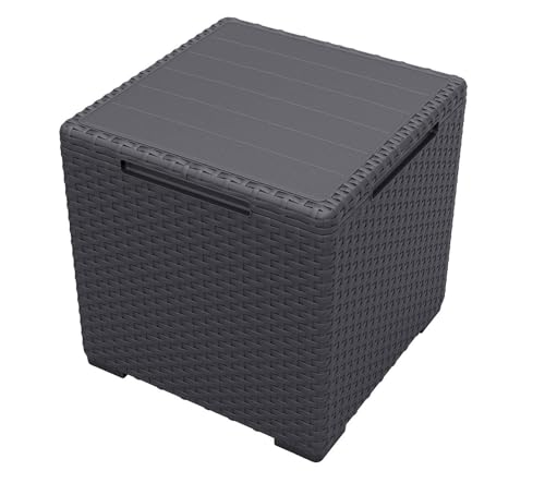 Dynamic24 2in1 Garten Beistelltisch Aufbewahrungsbox in Rattan-Optik mit Deckel Box Cube Würfel Tisch Outdoor Hocker 37cm grau Graphit von Dynamic24