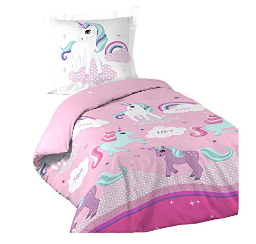 Dynamic24 2tlg. Mädchen Bettwäsche 140x200cm Einhorn Unicorn Baumwolle Bettdecke Bettgarnitur rosa von Dynamic24