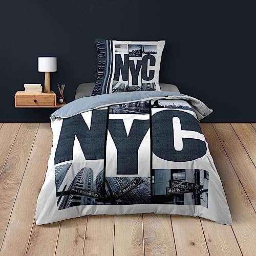 Dynamic24 2tlg. Motiv Bettwäsche New York 140x200cm 100% Baumwolle Bettdecke Bettgarnitur Decke Bettwäscheset Kissenbezug Bettdeckenbezug modern und pflegeleicht von Dynamic24