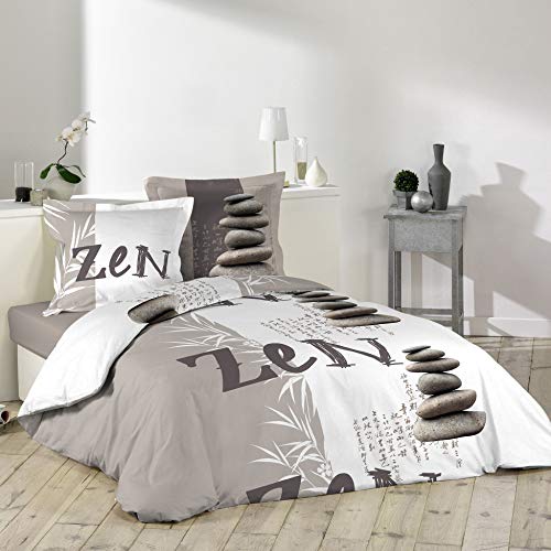 Dynamic24 3tlg. Bettwäsche 240x220cm cm Zen Japan asiatisch Steine Taupe 100% Baumwolle Bettdecke Übergröße Bett King Queen Size mit 2 Kissenbezügen und 1 Bettdeckenbezug von Dynamic24