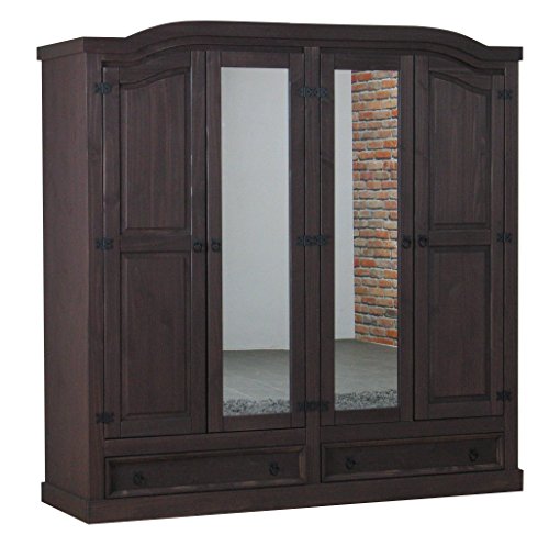 Dynamic24 4-türiger Kleiderschrank New Mexico Kiefer massiv kolonial mit Spiegel 2 Schubladen Spiegelschrank Mexiko Schlafzimmer Garderobenschrank Schrank Möbel von Dynamic24