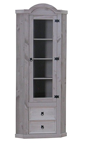 Dynamic24 Eckschrank New Mexico Kiefer massiv grau Mexiko Wohnzimmer Vitrine Schrank Vitrinenschrank Landhaus-Stil von Dynamic24