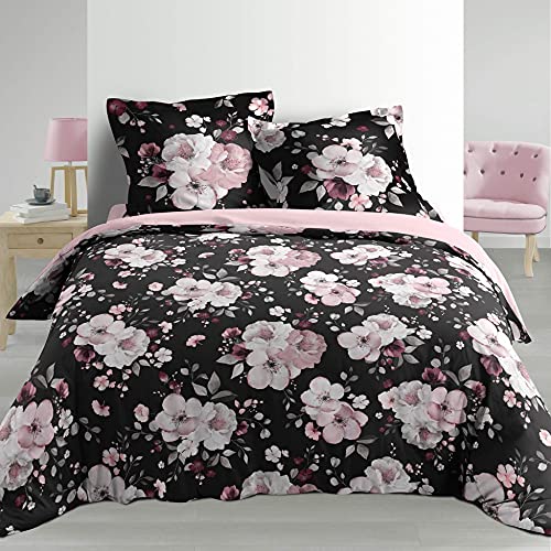 Dynamic24 Premium Perkal Wende-Bettwäsche 260x240cm 100% Baumwolle Bettgarnitur 3tlg. Übergröße mit Blumen Blüten schwarz rosa King Queen Size mit 2 Kissenbezügen und 1 Bettdeckenbezug von Dynamic24