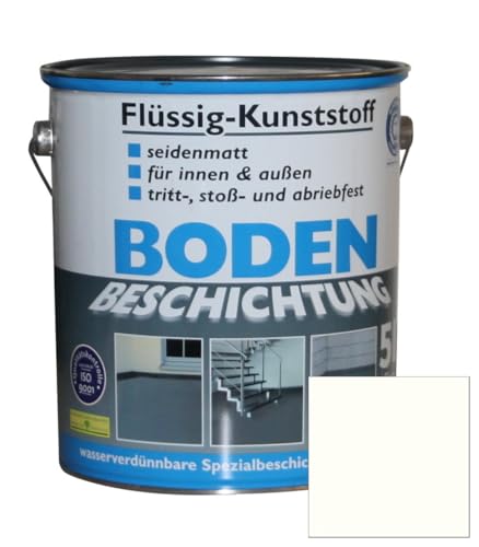 Flüssig Kunststoff 5L Bodenbeschichtung für 50m² Betonfarbe Estrichfarbe Beton Beschichtung Boden Estrich Farbe Bodenfarbe innen / außen Halle Keller Terrasse Kellerboden Putz Holz Reinweiß RAL 9010 von Dynamic24