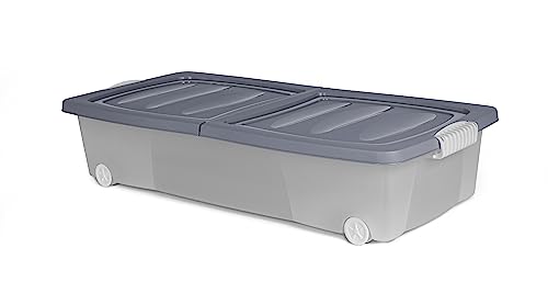XL Unterbett Kommode mit Rollen 32L Deckel Spielzeug Box Aufbewahrung Kiste Aufbewahrungsbox Flach Set Kunststoff Unterbettkommoden Unterbettkommode Bettkasten Unterbettbox Plastik (1 Stück, Blau) von Dynamic24