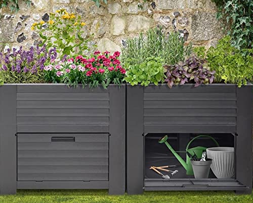 XXL Maxi Hochbeet Garten Schrank mit extra Staufächern für Gartenutensilien Frühbeet Kräuterbeet Pflanzkasten Gemüse Beet Pflanztisch in Holzoptik anthrazit (anthrazit mit 2 Staufächern) von Dynamic24