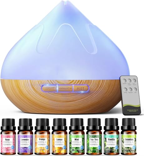 Aroma Diffusor Set für Ätherische Öle 500 ML, 8 x10 ML Ätherische Öle, Aromatherapie Diffuser Mit Fernbedienung,14 Farben LED Mit 4 Timer-Einstellung von Dyoonoer