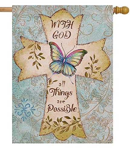 Dyrenson Dekorative Outdoor Religiöse Garten Fahne Kreuz Home Christian Faith House Yard Flag With God All Things Are Possible Garden Yard Dekoration, Schmetterling Seasonal Outdoor Flagge 12,5 x 18 von Dyrenson