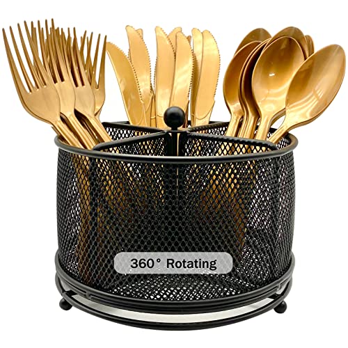 DysanVica 360° drehbarer Metall-Utensilienbehälter – 4 Fächer, Besteckhalter, Messer, Gabel, Löffel, Servietten-Organizer, Besteck-Aufbewahrungskorb, Party-Arbeitsplatte, Buffet, Bauernhaus, BBQ von DysanVica