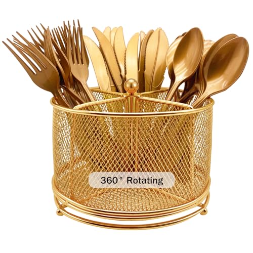DysanVica 360° drehbarer Metall-Utensilienbehälter – Besteckhalter mit 4 Fächern, drehbar, Gabel, Löffel, Servietten-Organizer, Besteck-Aufbewahrungskorb, Party, Arbeitsplatte, Buffet, Picknick, von DysanVica