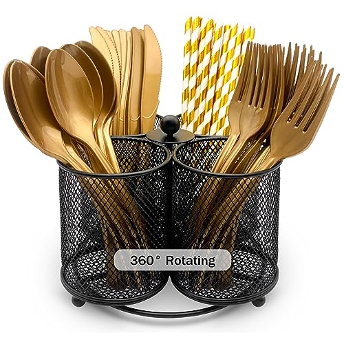 DysanVica Besteckhalter, Utensilienbehälter, 360° drehbar, 4 Fächer, Metall, Besteck-Organizer, Gabel, Löffel, Kunststoff, Besteckkorb, Party, Arbeitsplatte, Picknick, Outdoor, modern, Schwarz von DysanVica