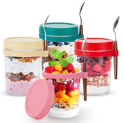 Dyserbuy 4 Stück Haferbehälter mit Deckel und Löffel, 470 ml, Einmachgläser aus Glas für Hafer, luftdichte Gläser mit Messmarkierungen für Milch, Müsli unterwegs von Dyserbuy